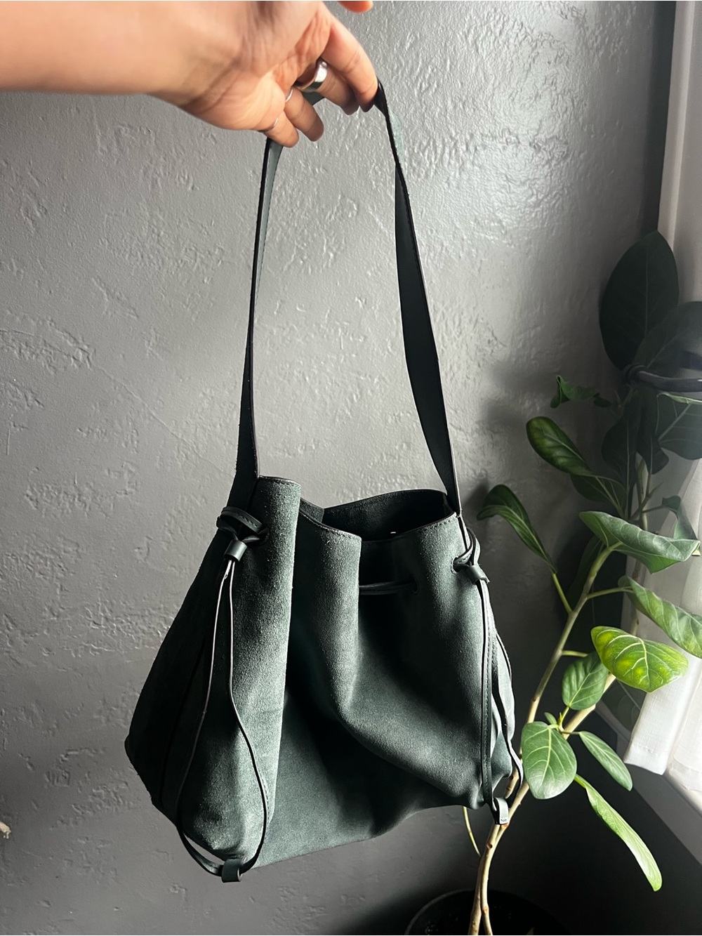 MADEWELL Suede Green Drawstring Shoulder Tote Bag - Picture 8 of 10